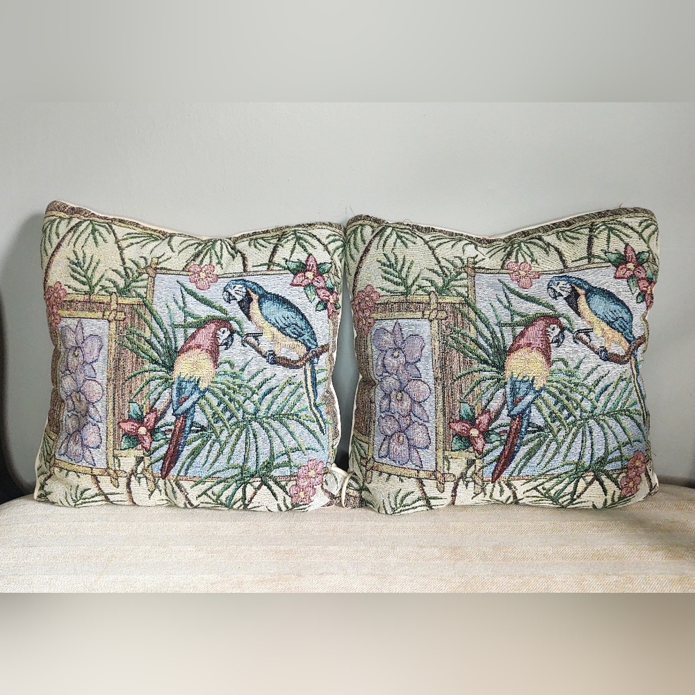 Vtg Tapestry Pillows Set 2 Parrots Tropical